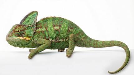 Vibrant green Veiled Chameleon showcasing intricate skin texture and large eye, standing majestically on a clean white background in a studio setting.