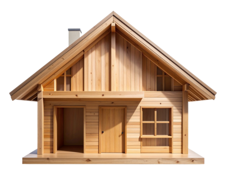  Front View Wooden House Model with Simple Roof Design, Isolated on Transparent Background