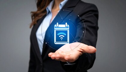 Businesswoman displays floating calendar icon with wifi symbol in open palm, wearing dark suit, against gray backdrop