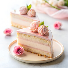 Elegant lychee rose cake slice with soft pink tones, floral rose frosting, and fresh lychee garnish, modern pastel look,  isolated on a white background