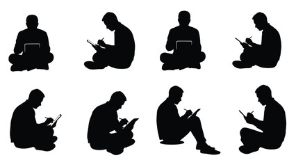 Diverse black silhouette figures of men sitting comfortably, focused on working or studying using laptops and digital, isolated on white background