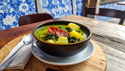 Delicious Traditional Soup, Culinary Delight, Cozy Restaurant, Food Photography, Rustic Ambiance, Close-up View, Savory Flavors