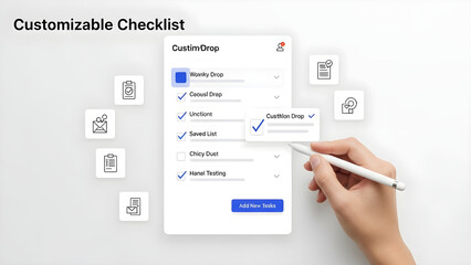 Hand using stylus to mark item on customizable digital checklist app