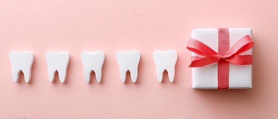Cute decorative teeth and a gift on a pink background for children's dental health awareness and education