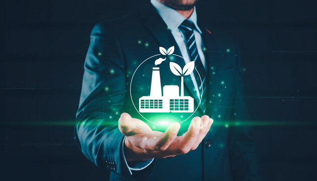 Eco-Conscious Vision: A suited professional cradles an emblematic factory, juxtaposed with verdant foliage, a compelling visual representation of sustainable industry. 