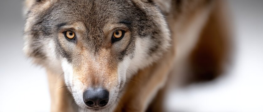 Close-up view of a wolf with piercing eyes in a natural setting, capturing its focus and wild beauty during the day