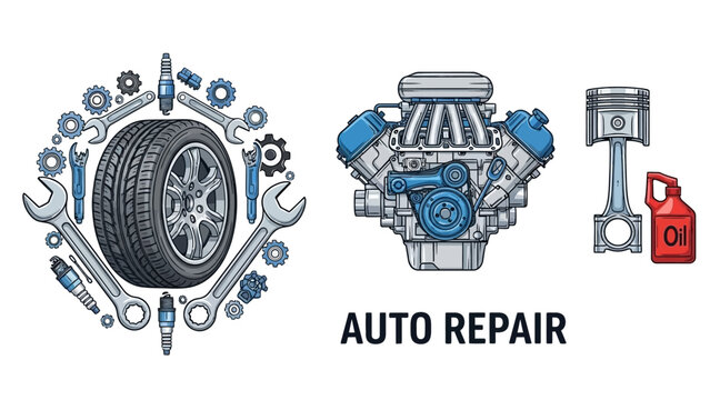 Professional mechanic vector elements with gear frame, engine, and piston for auto repair branding