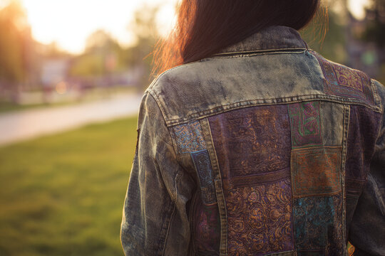 Upcycled denim fashion jacket features artistic patchwork design with vintage fabric details, creating unique and creative style for sustainable clothing lovers outdoors