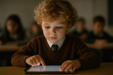 Young Student Engaged with a Tablet in a Classroom Setting, Exploring Educational Technology and Digital Learning