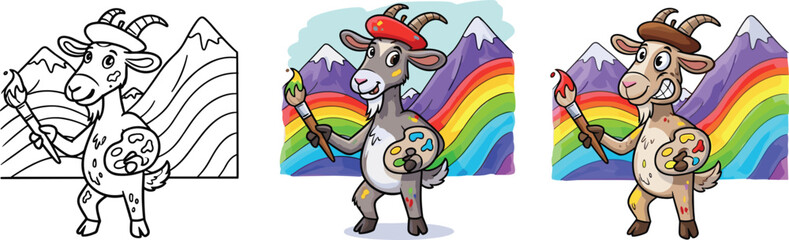 Cute goat artist painting rainbow mountains, cartoon creative animal holding brush, colorful illustration of artistic character in nature