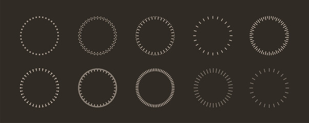 Round analog dashed lines timer icon. Dotted watch, speed frame, meter scale line vector template on dark background