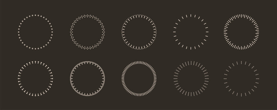 Round analog dashed lines timer icon. Dotted watch, speed frame, meter scale line vector template on dark background