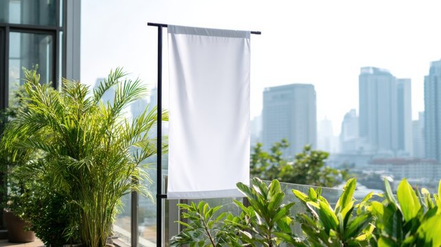 Blank white flag mockup for advertising, outdoor event signage, with cityscape and lush green plants backdrop