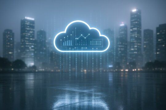 Cloud Computing Network Visualization Over Cityscape: Modern Data Solutions for Business and Technology - Powered by Adobe