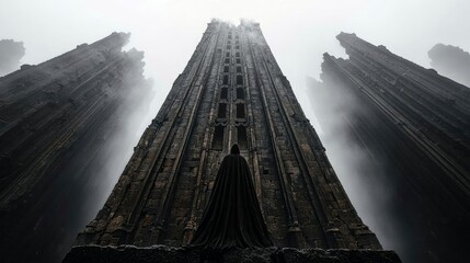 A lone figure in a black cloak stands before a towering gothic structure, shrouded in mist, creating a dramatic and mysterious scene.