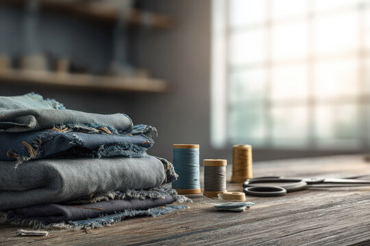 Upcycled denim fashion concept with stacked distressed jeans, sewing thread, scissors and buttons on rustic wooden table in sunlit workshop, evoking creativity and sustainability