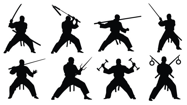 Eight dynamic ninja martial arts warrior silhouettes in various combat poses, wielding traditional Japanese weapons, a, isolated on white background