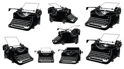 Black vintage typewriters with blank paper, retro writing machines symbolizing communication, journalism, and creative, isolated on white background