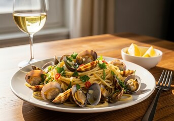 Delicious spaghetti alle vongole with fresh clams served with a glass of white wine on a wooden table