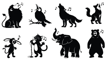 Flat vector illustration of animal silhouettes including lion, wolf, elephant, bear, bird, rabbit, and cat singing with, isolated on white background