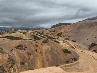 Aerial view of colorful hills around  Hvannagil,  Iceland