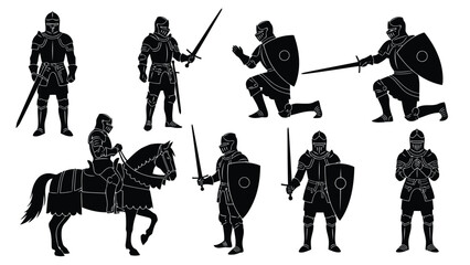 Collection of black silhouettes depicting medieval knights in various dynamic poses, holding swords and shields,, isolated on white background