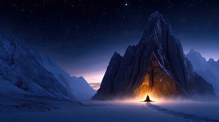 A lone figure meditates in a snowy mountain landscape under a starry night sky, illuminated by a warm light.