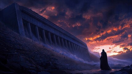 A lone figure stands before a massive ancient structure with columns, set against a dramatic, fiery sunset sky. The scene evokes a sense of awe and mystery.
