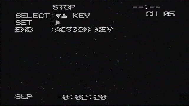Retro VHS Analog Camcorder Menu Screen Signal Distortion Glitches Seamless 4K Video Background Overlay Effect Loop