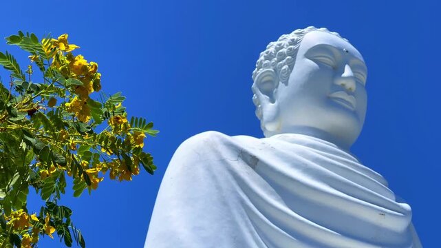 Nha Trang, Vietnam - September 18, 2025. Chua Long Son Pagoda with a large white Buddha statue in the vast, clear blue sky. The main Buddhist temple of Kien Giang Province. 4К	