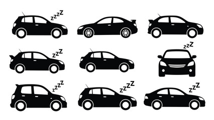 Flat vector illustration of black car silhouettes, including hatchbacks and sedans, displaying 'zzz' symbols, denoting, isolated on white background