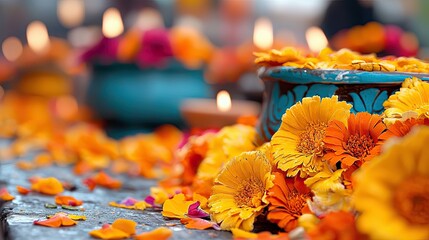 Close-up of vibrant orange and yellow flowers with teal bowls and candles on a textured surface. Soft focus creates a warm, inviting atmosphere.