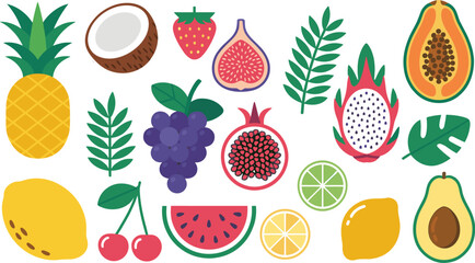 Mega Colorful Tropical Fruit Vector Collection Set Featuring Pineapple, Papaya, Dragon Fruit, Avocado, Pomegranate, Fig, and Assorted Fresh Produce with Leaves.