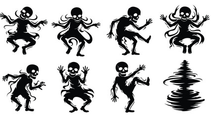 Stylized black skeleton figures with skull heads and swirling tendrils in various spooky dance poses, a flat vector, isolated on white background