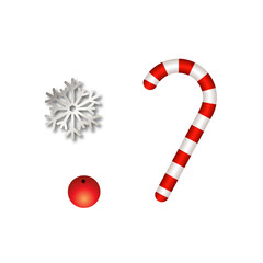 Christmas Elements Set Including Candy Cane, Snowflake and Red Ornament Isolated PNG