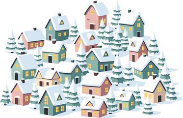 Fototapeta premium Charming cartoon winter village with snow on the rooftops of small houses and evergreen trees, isolated on a white background. 43