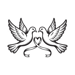 Two doves forming a heart with a ribbon