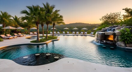 Obraz premium Jungle Resort Pool with Waterfall and Swim-up at Sunset