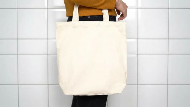 Person Wearing Ochre Sweater and Black Jeans Holding a Cream Colored Canvas Tote Bag Standing Against a White Tiled Wall