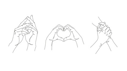 Line art of three different hand gestures on white background.