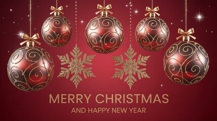 Elegant Merry Christmas Greeting with Gold Snowflakes and Red Ornaments
