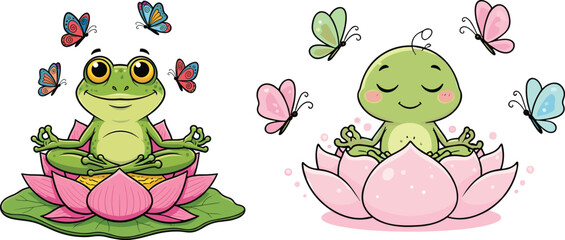 Cute meditating frog sitting on lotus flower surrounded by butterflies illustration set in peaceful cartoon yoga character style