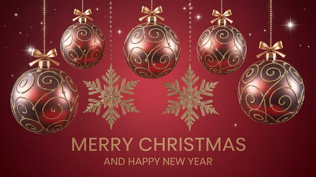 Elegant Merry Christmas Greeting with Gold Snowflakes and Red Ornaments
 - Powered by Adobe