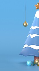 Happy New Year 2026 Greeting Card with Snowy Forest and Glowing Text, and gift box, caramel, snowflake and deer. 3d render animation