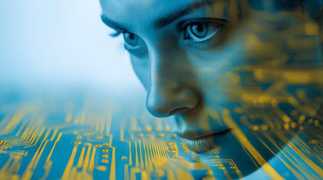 Mind of Technology: Merging the digital world with human introspection, a portrait of a person interwoven with intricate electronic circuitry.