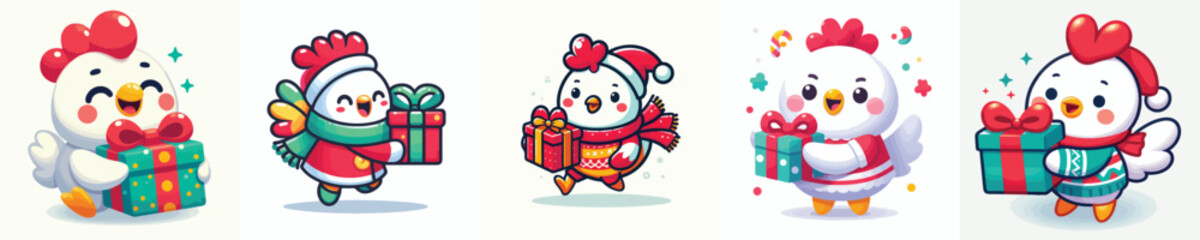 cute christmas dressed chicken character vector