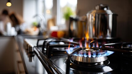 Gas stove in a modern kitchen, boiling water in a pot on a sunny day while preparing a meal