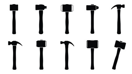 Comprehensive flat vector illustration showcasing a diverse collection of essential hammer tools, featuring various, isolated on white background