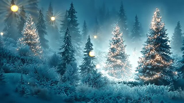 Enchanting winter forest scene with twinkling lights, perfect for holiday greetings and seasonal