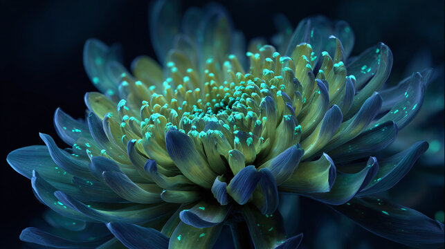 A mesmerizing close-up of a chrysanthemum, with glowing accents, showcasing its intricate details and captivating beauty. The petals display a range of vibrant colors.